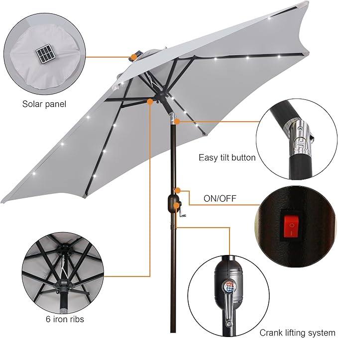 Blissun 7.5 ft Solar Umbrella, 18 LED Lighted Patio Umbrella, Table Market Umbrella