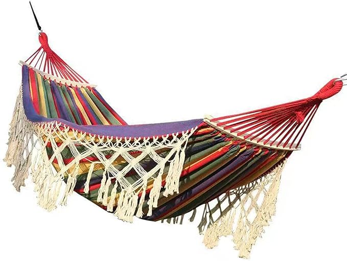 Backyard Hanging Hammock with Tassels, 500lb Load Capacity, Single Double Size 102x59in - Lightweight Foldable Outdoor Cotton - Polyester Blend for Garden, Patio, Camping Relaxat (Red)