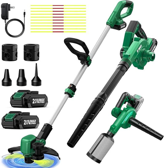 KIMO 20V Weed Wacker and Blower Combo w/2 x 2.0Ah Battery & Charger, Brushless Motor, 20000RPM 12" String Trimmer & Edger w/ 10PCS Cutting Lines, 260CFM/190MPH Cordless Leaf Blower w/Vacuum, 3 Nozzles