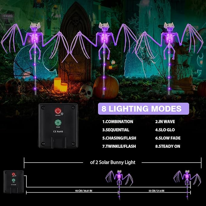 Halloween Decorations Outdoor Solar Garden Lights,2PCS of Set 3D Scary Bat Realistic Skeleton Outside Decor,Solar Creepy Bats Path Lights for Grave/Yard/House/Halloween Party Gifts Decor Purple