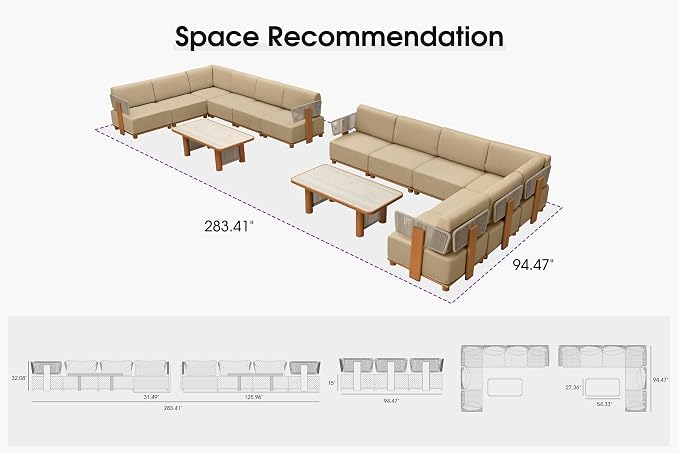 PURPLE LEAF Patio Furniture Set Modular L-Shaped Outdoor Sectional Sofa with 11" Thick Olefin Cushion 14-Piece Outdoor Conversation Set with Tables for Backyard Garden Poolside, Beige