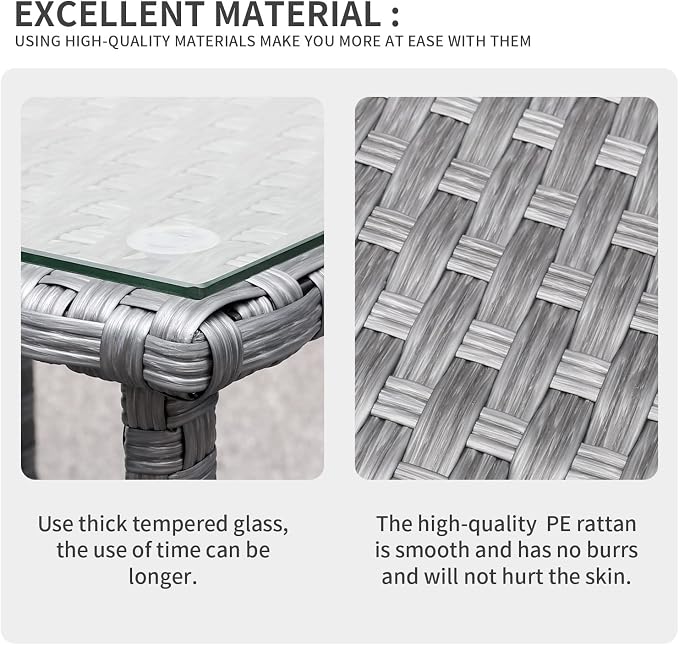 Valita Outdoor Wicker Glass Top Side Table - Patio Rattan Square End Table with Storage, Grey