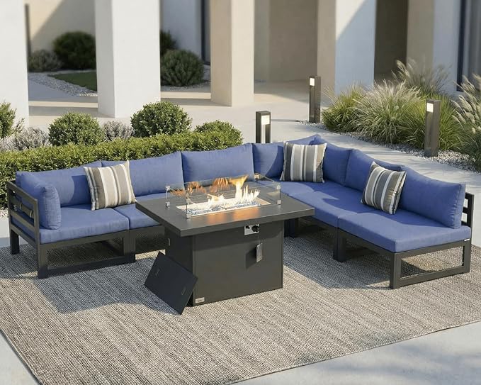 NICESOUL 6 Seat Modern Aluminum Patio Furniture Set with Fire Pit Table, 500lbs Heavy Duty Outdoor Sectional Sofa, 29" Deep Wide Oversized Seating L Shaped Conversation Couch for Garden, Denim Blue
