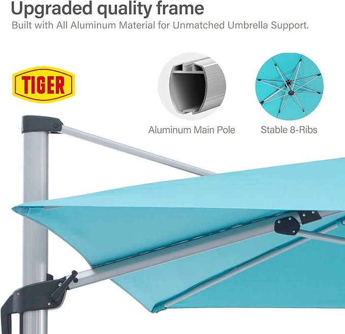 LAUSAINT HOME 11ft Patio Umbrella Outdoor,Cantilever Umbrella Aluminum Offset Umbrella with 360-degree Rotation for Backyard, Pool, Lawn, Deck (Square,Turquoise Blue)