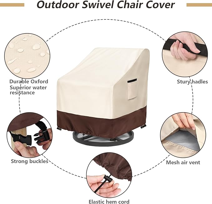Outdoor Swivel Chair Covers 2 Pack, 35 W x 37 D x 38.5 H inches, 600D Heavy Duty Waterproof Patio Chair Cover, Outdoor Furniture Covers for Lawn/Garden Chiars, Lvory&Brown