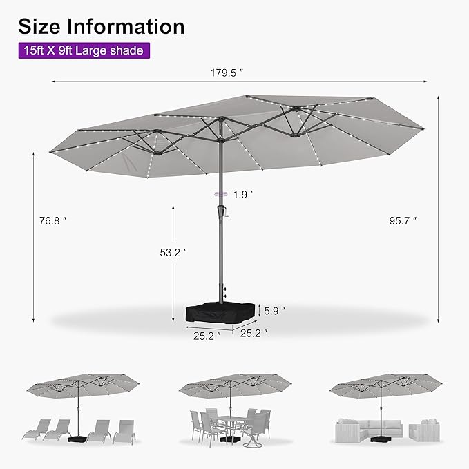 PURPLE LEAF 15ft Double-Sided Patio Umbrella with Base and Solar Lights Outdoor Market Umbrella with Crank Handle Rectangle Umbrella for Backyard Pool Garden Deck, Cream