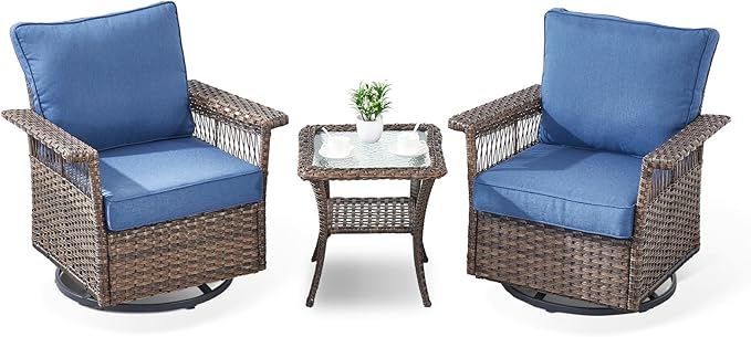 Outdoor Patio Rocking Swivel Chairs - 3PC Wicker Patio Bistro Rocker Chair Set,Rattan Glider Chair with Sturdy Frame,All-Weather PE Wicker and Cushions,1 Side Table for Deck Porch Balcony(Brown/Blue)