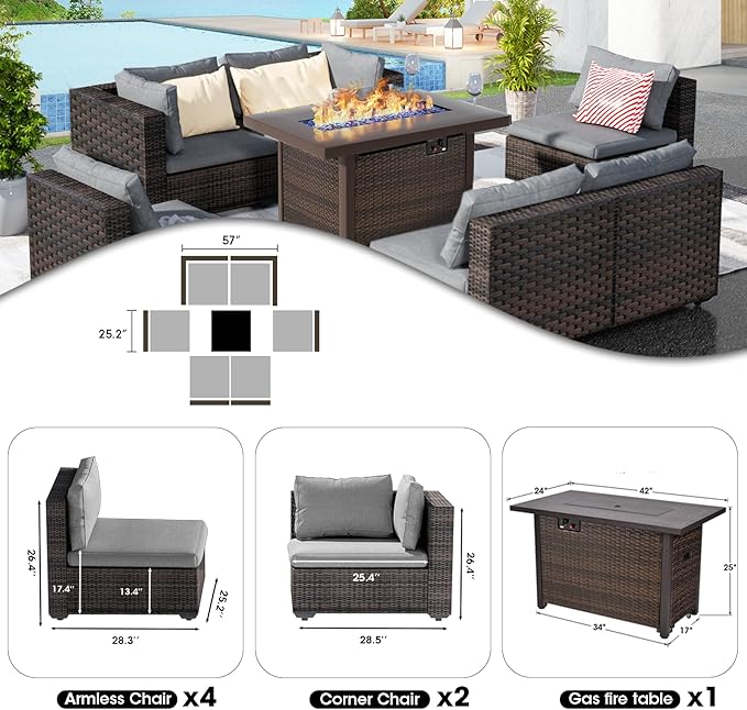Grezone 7 Piece Patio Furniture Set with Fire Pit Table, Patio Sectional Furniture Sofa Set, Patio Conversation Sets with Cushions and Glass Coffee Table for Garden Lawn Balcony Porch Deck,Grey