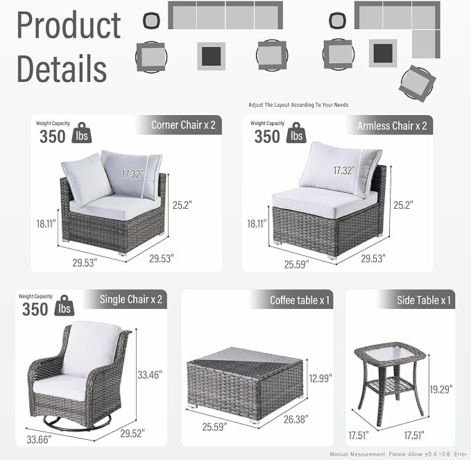 HOOOWOOO Patio Outdoor Sectional Furniture Sofa Set with Swivel Chairs,8 Pieces L Shaped Corner Wicker Rattan Couch Set with Glass Table,Modern 6 Persons Summer Patio Conversation Set(Grey)