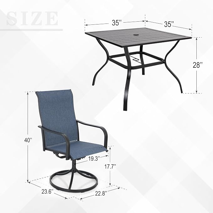 Outdoor Navy Blue Swivel Chairs and 35" Square Table Patio Dining Set of 5 | High Back, Curved Armrest, Textilene Fabric, All Weather, Rocking, Swivel Chairs, 35'' Square Table, Metal Top and Frame