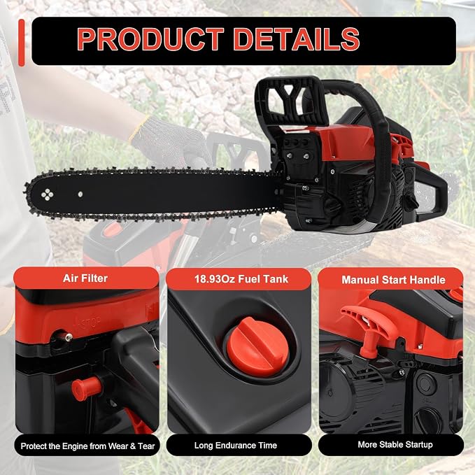 Gas Chainsaw, 2 Stroke Gas Powered Chainsaw, Gasoline Chainsaw Handheld Cordless Petrol Chain Saws for Tree Cutting, Gardens, Farms (18 Inch 58CC)