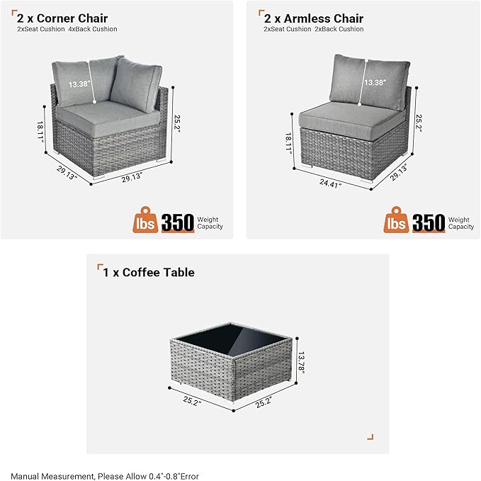 ovios Outdoor 5 Piece Coversation Set with Coffee Table,Sectional Patio Furniture Set with All-Weather Wicker Sofa,Modern Outside Couch for Balcony Backyard Pool, Dark Grey
