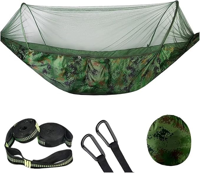Hammock Camping Hammock with Mosquito Net Pop-Up Light Portable Outdoor Parachute Hammocks Swing Sleeping Hammock Camping Stuff Quick-Opening(Camouflage-6 Rings)