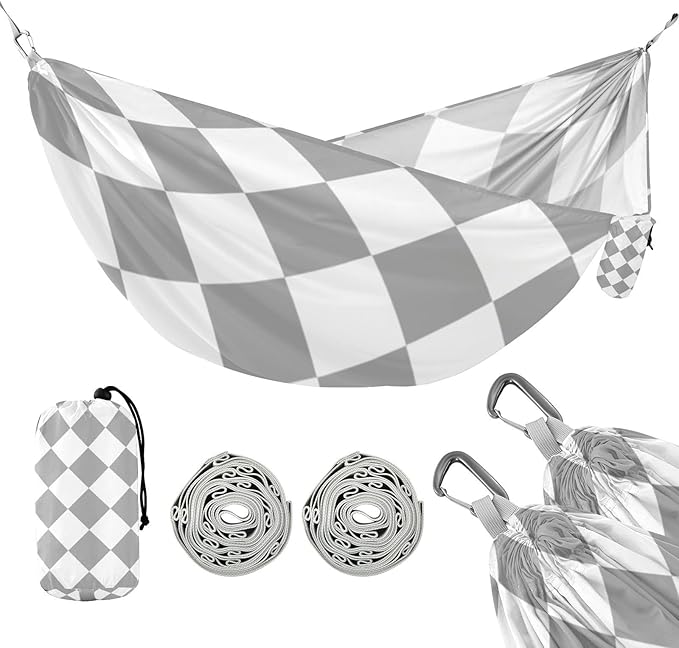 Buffalo Plaid Check Gray White 330lb Capacity Outdoor Hammock with Portabl Carry Bag Hanging Hammock for Outside Patio Garden Base para poner hamaca