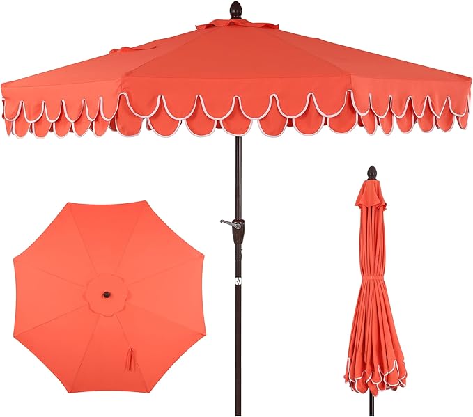 JONATHAN Y Tracy 9 ft. Outdoor Patio Umbrella with Scalloped Edge, Coastal Market Table Umbrella with Crank Lift and Tilt, 8 Sturdy Ribs UV Resistant for Pool, Coral Red, Dark Brown Pole UMB1002A