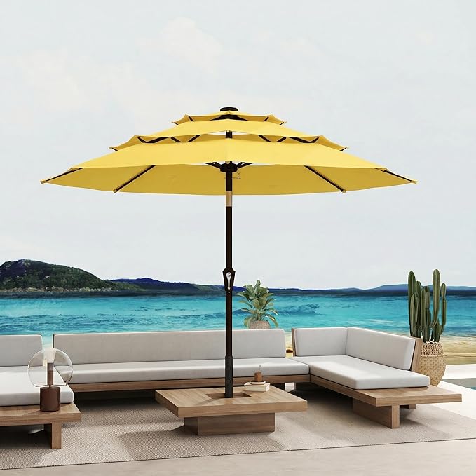 10FT Patio Umbrella 3 Tiers Outdoor Market Umbrella w/Push Button Tilt, Crank, UV and Waterproof Table Umbrella for Garden, Pool, Backyard, Deck, Lawn, Sunshine Yellow