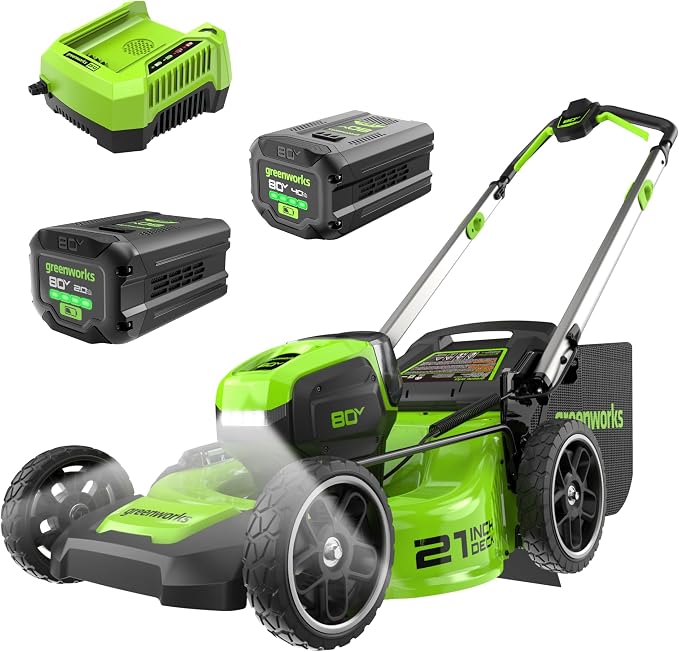 Greenworks 80V 21" Brushless Cordless (Push) Lawn Mower (LED Headlight + Aluminum Handles), 4.0Ah + 2.0Ah Battery and Rapid Charger Included (75+ Compatible Tools)