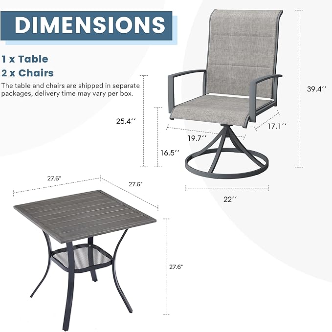 DIFY 3 Piece Outdoor Dining Set for 2, Patio Furniture Set with Padded Textilene Swivel Patio Chairs and 27.6" Small Square Metal Dining Table, Grey Fabric & Grey Wood-Like Tabletop