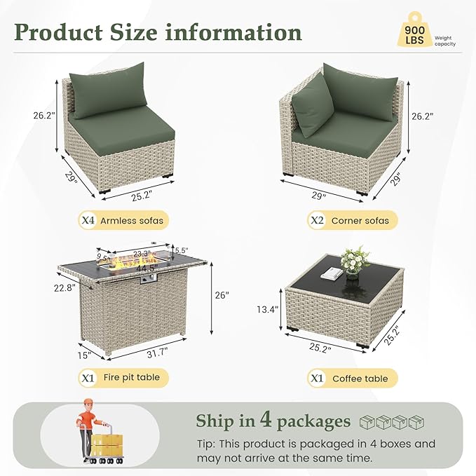UDPATIO Patio Furniture Set with Fire Pit Table, 8 Pieces Outdoor Sectional Sofa, PE Wicker Patio Conversation Set for Garden, Backyard Green
