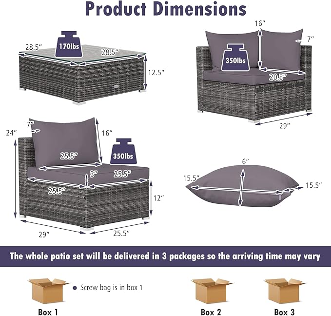 Tangkula 7 Piece Patio Wicker Furniture Set, Outdoor Rattan Sectional Sofa Set for 6 with Seat & Back Cushions, 2 Throw Pillows, Sofa Fastener Clips, for Backyard, Poolside, Deck and Garden (Gray)