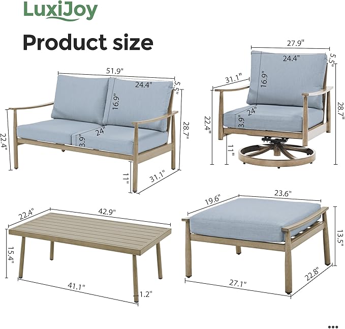 6 Pieces Aluminum Outdoor Patio Furniture Sets with Coffee Table, Cushioned Loveseat and Swivel Chairs with Ottoman, All Weather Conversation Set for Yard Proch Deck, Blue & Brown