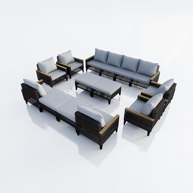 14 Pieces Patio Conversation Set, Wicker Rattan Sectional Modular Sofa Seating Set with Armchairs and Ottomans, Outdoor Furniture for Porch, Poolside, Deck, Balcony, Backyard, Yard (Gray Cushions)