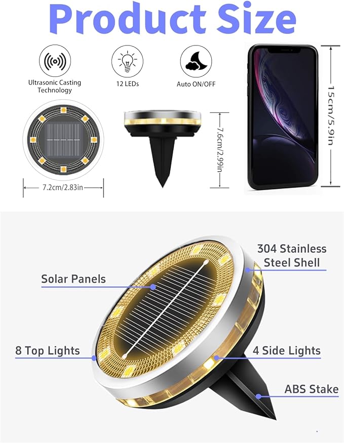 SenLuKit Solar Ground Lights Outdoor 18 Pack Waterproof, Upgraded Solar Garden Lights with 4 Side Light, Stainless Steel Solar Powered Disc Landscape Light for Walkway Lawn Yard Patio Deck-Warm White