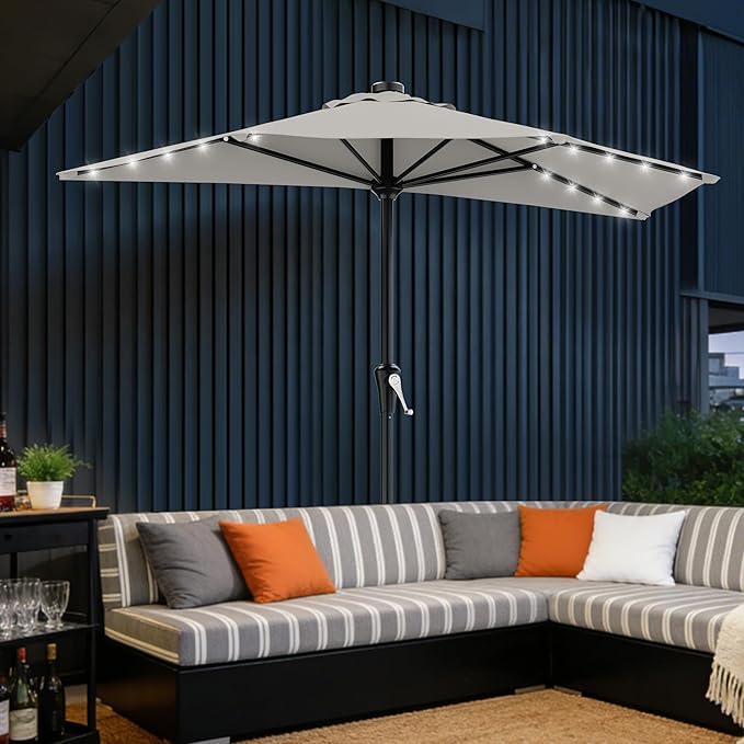 AreShark 9ft Patio Half Umbrellas with Solar Lights, 1/2 LED Half Outdoor Umbrella w/ 20 LED Lights, Lighted Table Wall Umbrella with Crank & 5 Sturdy Ribs for Market, Pool, Deck, Lawn and Garden, Foggy Gray