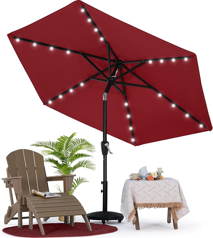 MASTERCANOPY 7.5FT 6Ribs Patio Umbrella with 32 Solar LED Lights, Outdoor Market Umbrella with Tilt & Crank, UV Protection & Fade Resistant Fabric, Easy Set-Up for Garden, Deck, Pool (Burgundy)
