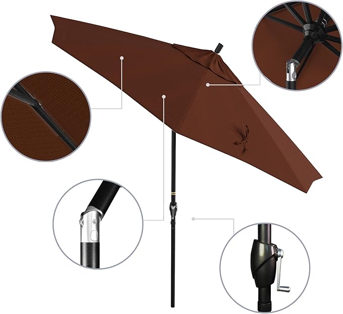 California Umbrella 9' Round Aluminum Market Umbrella, Crank Lift, Push Button Tilt, Black Pole, Terracotta Olefin