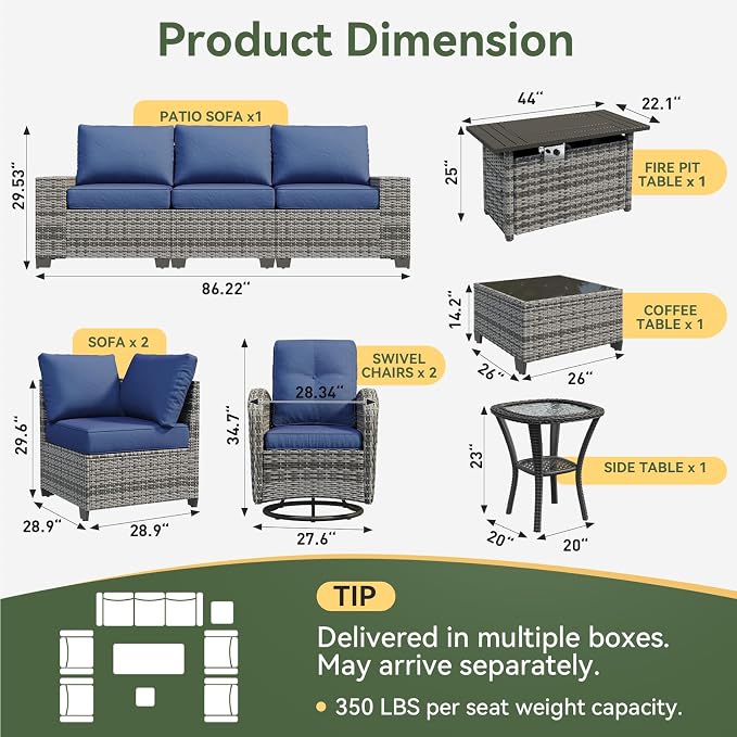 Aoxun 10-Piece Patio Furniture Set with 44” Fire Pit Table, Widen Armrests Wicker Rattan Outdoor Sectional Sofa with Swivel Chairs, Outdoor Patio Furniture Set with Thick Cushions & Ottoman, Blue