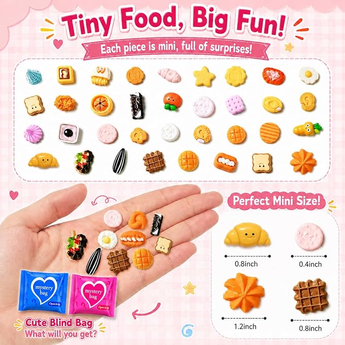 100 PCS Mystery Bag Mini Resin Food Blind Bags, Cute Tiny Food Figurines Surprise Box Toys for Kids, Dessert Snack Collectibles for Party Favors Classroom Prizes Goodie Bag Stuffers Dollhouse Decor