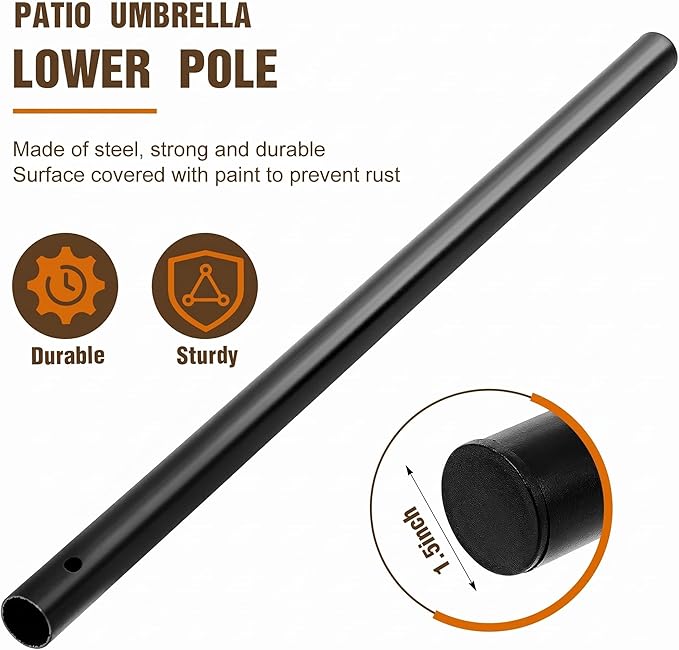 1 Pack 1.5'' Dia Umbrella Replacement Lower Pole, Heavy Steel Patio Umbrella Bottom Pole Replacement, 1.7 mm Thickness, No Bullet Buckle Outdoor