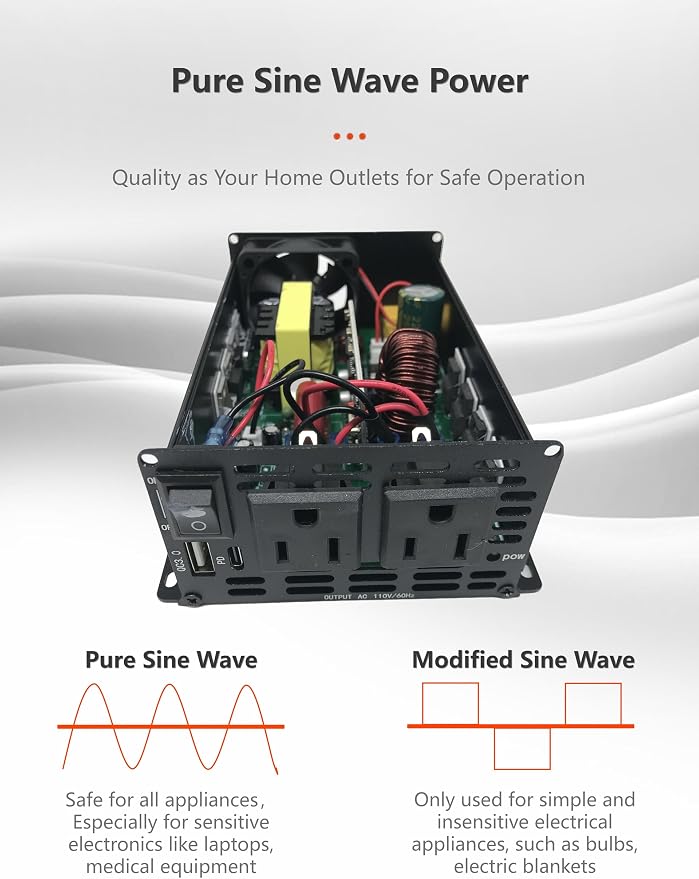 500W Pure Sine Wave Power Inverter DC 12V to AC 110V with 2 AC Outlets,1 USB-A and 1 USB-C Ports for Car, RV, Truck