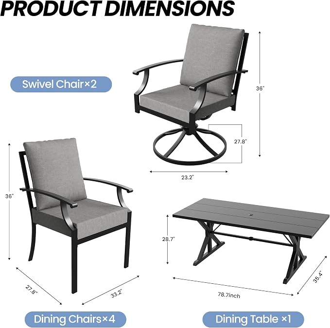 7 Pieces Patio Dining Set Outdoor Conversation Set,Metal Outdoor Furniture Set with Umbrella Hole Cut-Out 78.7" x 35.4" Table and 8 Metal Chairs for Backyard,Garden,Grey