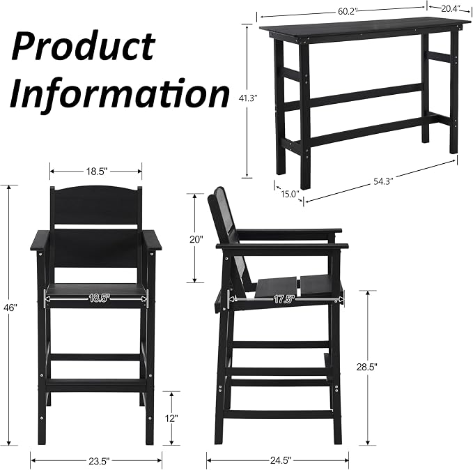 Outdoor Bar Table Set 3 Piece, HDPE Patio Bar Height Furniture Set with 2 Chairs, Small Space Patio Furniture, Weather Resistant Balcony Bistro Set for Garden, Deck, Porch, Premium Black