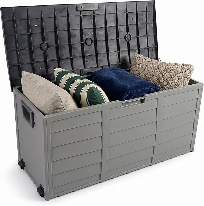 75 Gallon Grey Outdoor Storage Deck Box, 260L Waterproof UV Resistant Plastic Patio Storage Bin with Wheels & Lockable Lid, Weatherproof Container for Cushions Tools Toys