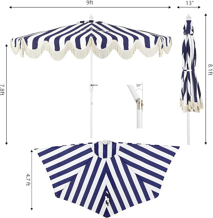 JONATHAN Y Beverly 9 ft. Coastal Navy and White Striped Half Patio Umbrella with Scalloped Fringe, Crank Lift, and Manual Tilt for Balcony, White Pole UMB1201I