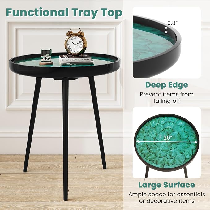 Giantex Outdoor Side Table, Round End Table with Epoxy Resin Finish, Sea Shell Decoration, Mahogany Wood Frame, Tray Top, Patio Side Table for Living Room, Pool, Yard, Porch (Green, 20” x 20” x 21.5”)