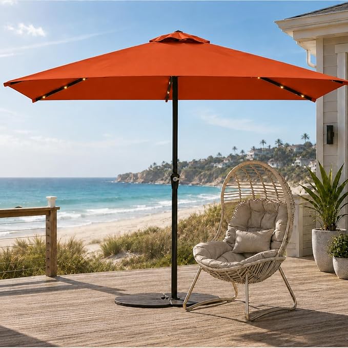 6.5 x 10ft Rectangular Patio Umbrella with Solar Lights, 16 LED Lighted Market Umbrella with Push-Button Tilt and Crank, 6 Sturdy Iron Ribs for Garden, Deck, Pool, Terracotta