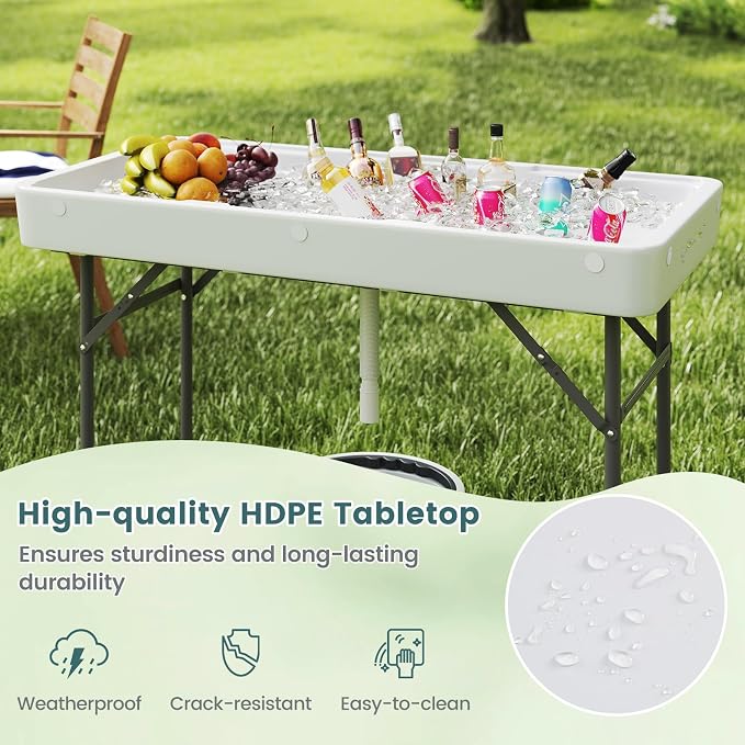 S AFSTAR Folding Ice Table, Ice Cooler with Matching Skirt, Drain Plug, Hose & Foldable Bucket, Portable Bin Table for Picnic, Tailgate Party, Wedding, Camping