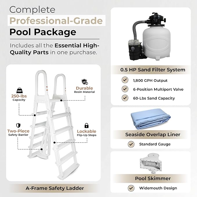 Blue Wave Marbella 12x24-ft Oval 52-in Deep Hard Sided Steel Frame Above Ground Pool with 6-in Steel Top Seats, 0.5 HP Sand Filter System, Ladder, Skimmer & Liner – 6,300 Gallon Cap for Family Use