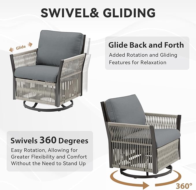 Wicker Outdoor Furniture Set, 6 Piece Patio Conversation Sets, Comfort Swivel Rocker Glider Patio Chairs Set of 2 with Ottoman and Rattan Sofa (Grey)