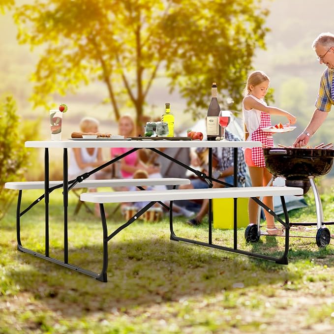Moccha Folding Picnic Table - Portable Picnic Table with Benches, HDPE Tabletop, Metal Frame, Foldable Camping Table, Outdoor Dining Table Set for Garden Party BBQ Patio Table Bench Set (White)