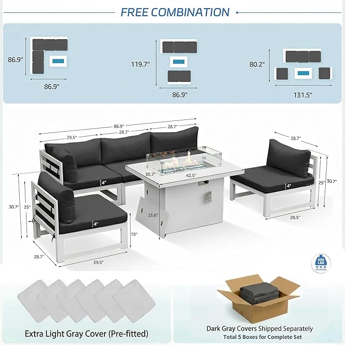 NICESOUL® 6 Piece XL-Large White Aluminum Outdoor Patio Furniture Set with Fireplaces Propane/Natural Gas, 29'' Deep Wide Seated Sectional Sofa, 500lbs Sturdy Sectional Couches for Backyard, Gray