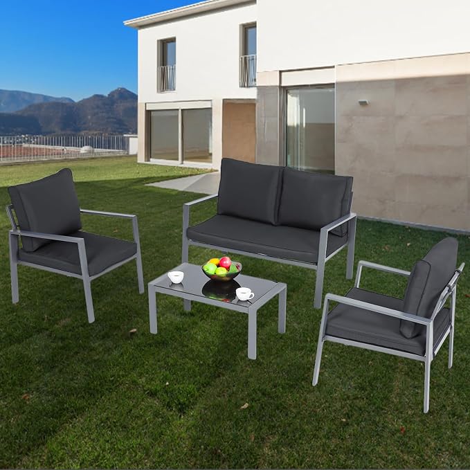4-Piece Outdoor Patio Furniture Set, Steel Frame Patio Conversation Set with Tempered Glass Side Table for Home, Yard, Poolside