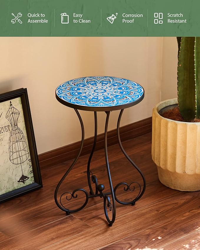 VONLUCE Outdoor Side Table and Mosaic Plant Stand, 21" Round End Table with 14" Ceramic Tile Top for Patio Porch Decor, Indoor & Outdoor Accent Table, Small Coffee Table for Home Garden, Blue Mandala