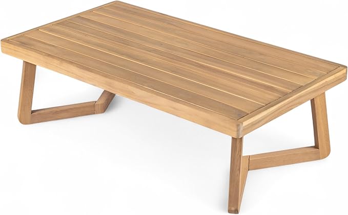 Christopher Knight Home Meiko Patio 2 Pieces Conversation Set, Acacia Wood Loveseat with Cushion and Coffee Table, Slat Panel Outdoor Sofa and Rectangular Table for Backyard Garden, Teak+Beige