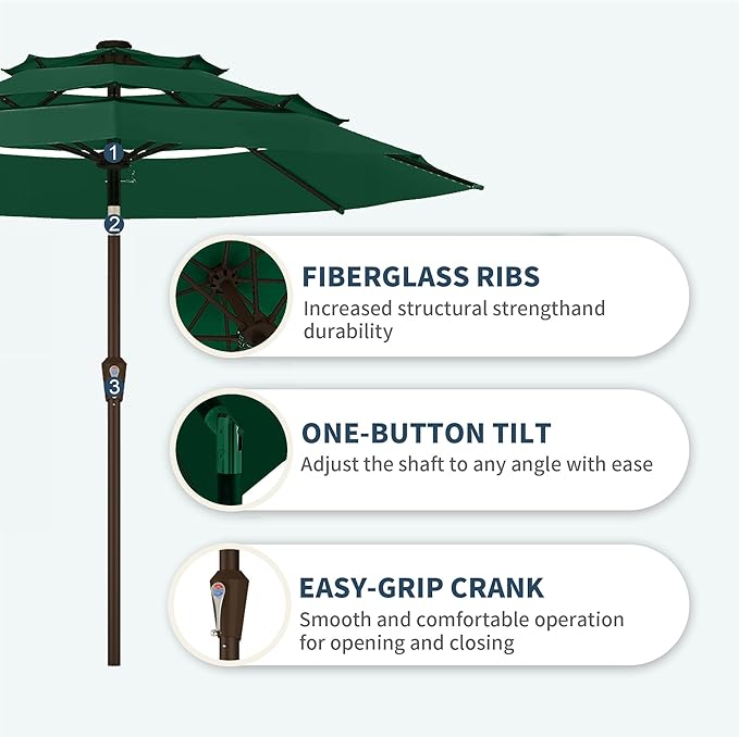 PatioKingdom 9ft 3-Tier Patio Market Umbrella with Crank/Tilt, Commercial Heavy Duty Wind Proof,Outdoor Table Umbrella with 8 Fiberglass Ribs,UPF50+ for Deck,Pool,Garden,Backyard (Dark Green)