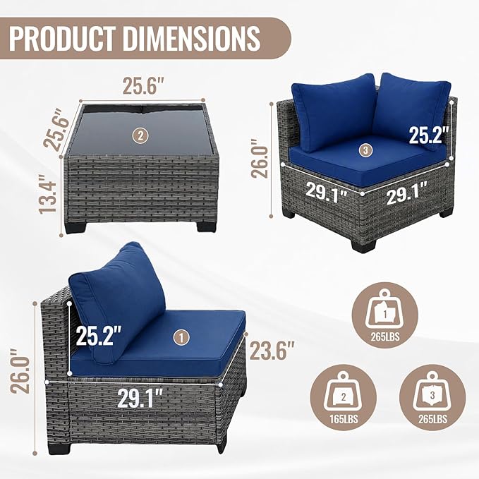 7 Pieces Outdoor Wicker Patio Furniture Sectional Set, Patio Conversation Set with Cushions & Coffee Table, All Weather PE Rattan Patio Sofa with Tea Table for Backyard Porch Garden (Navy-blue)